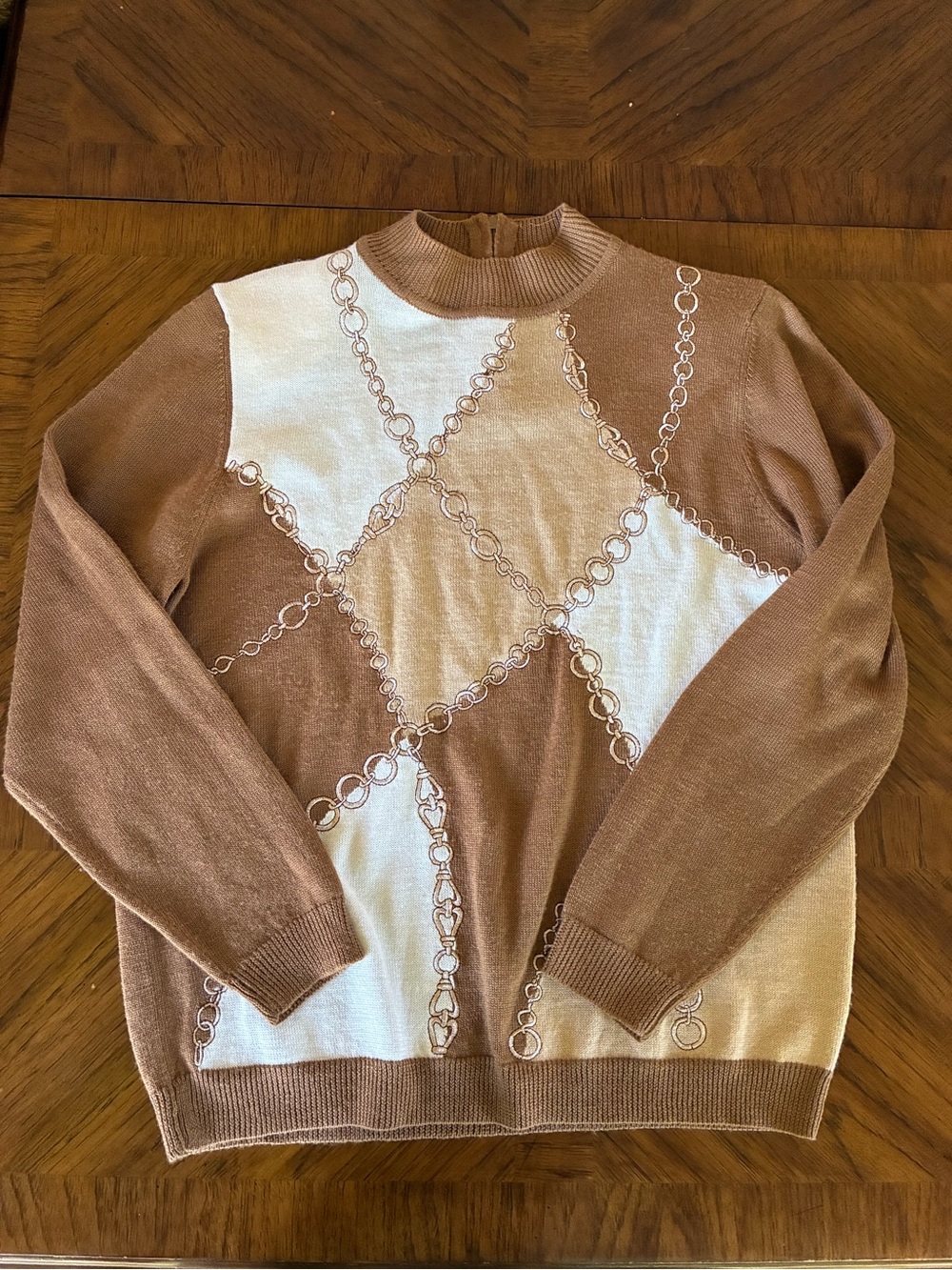 Vintage Alfred Dunner Brown & Cream Chain-Pattern Turtleneck Sweater